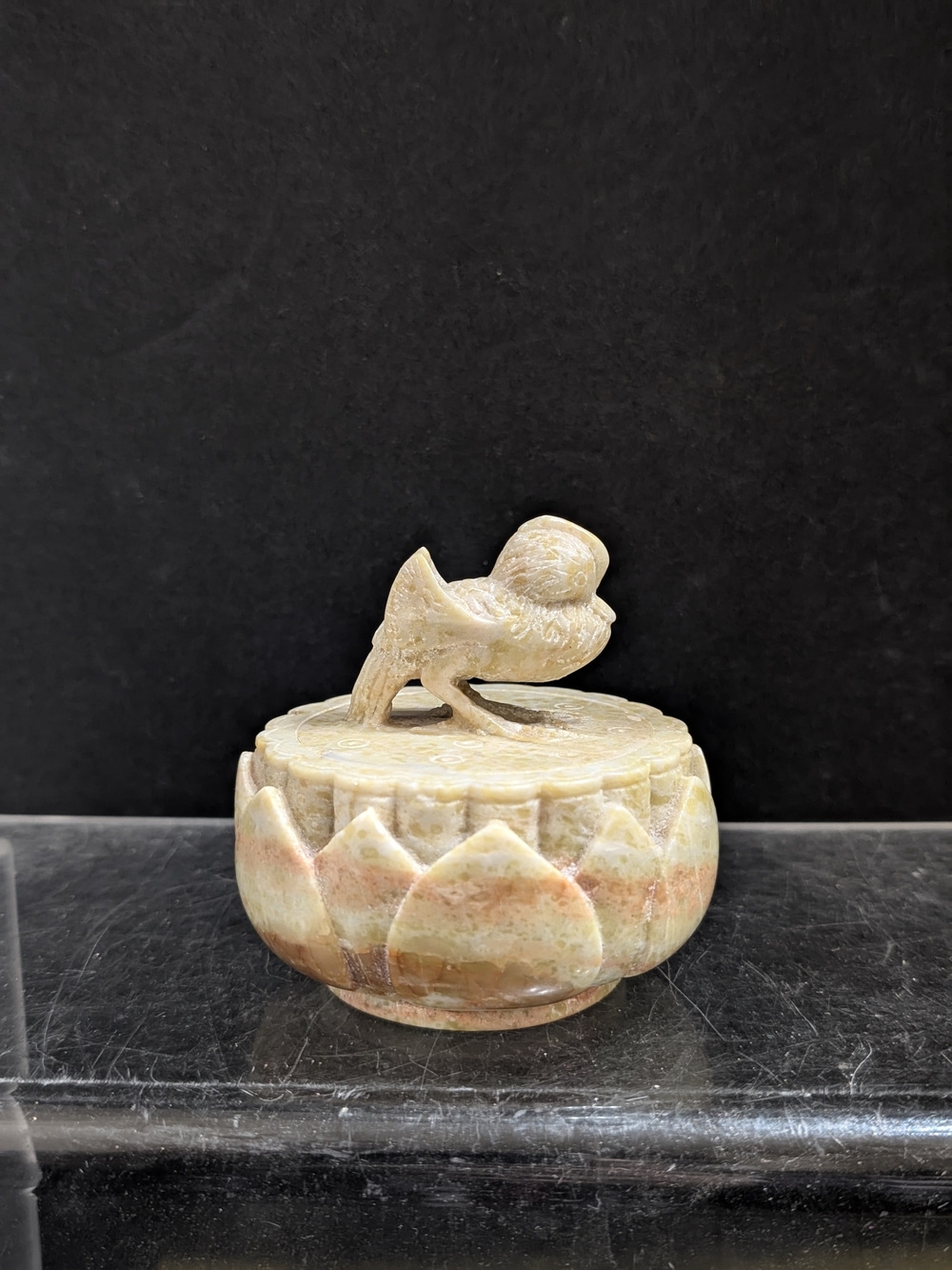 Hand-Carved Cream and Peach Stone Trinket Box with Bird Lid